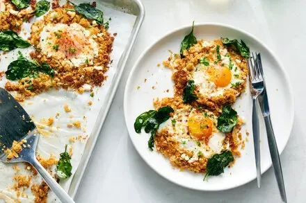Sheet-Pan Eggs With Croissant Bread Crumbs